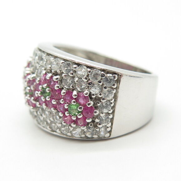 925 Sterling Silver Real White Topaz Peridot Gem & Pink Sapphire Ring Size 6 - Picture 6 of 8